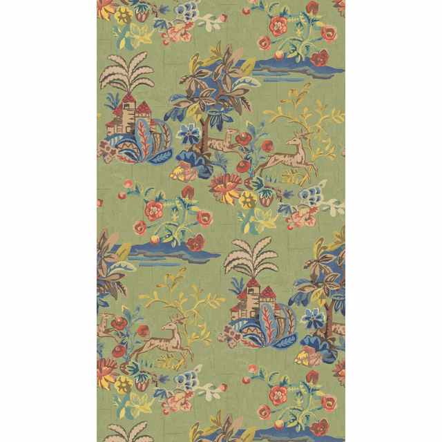 Spring green scenic wallpaper with cottages, blue pools, coral flowers and leafy foliage