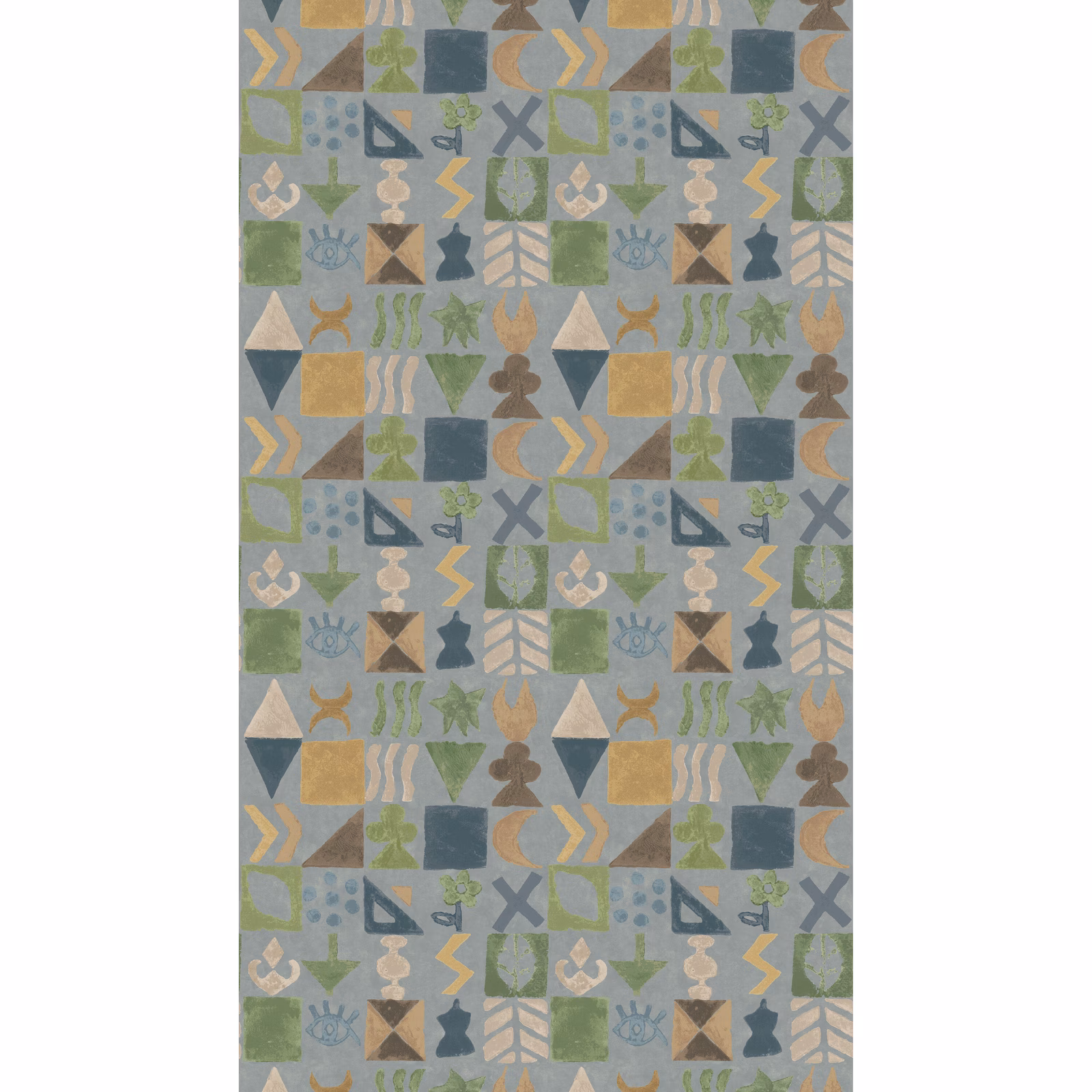 Muted blue-grey wallpaper with ochre, olive and cream geometric symbols in repeated tiles