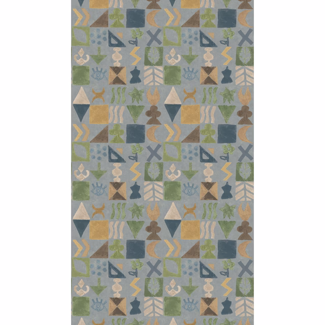 Muted blue-grey wallpaper with ochre, olive and cream geometric symbols in repeated tiles