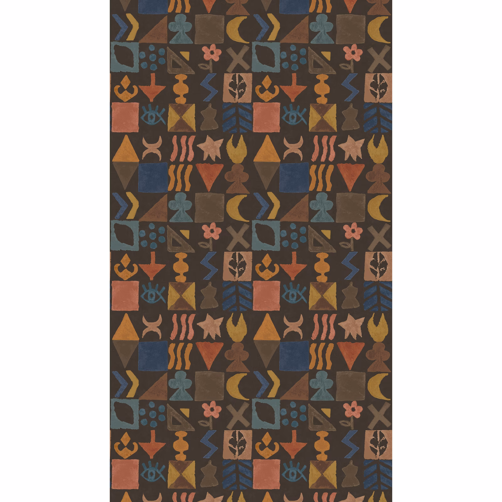 Chocolate brown wallpaper with rust, ochre, teal and blue geometric motifs