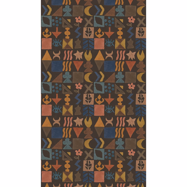 Chocolate brown wallpaper with rust, ochre, teal and blue geometric motifs