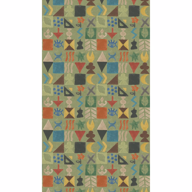 Muted sage green wallpaper with colourful geometric folk motifs and repeated symbols