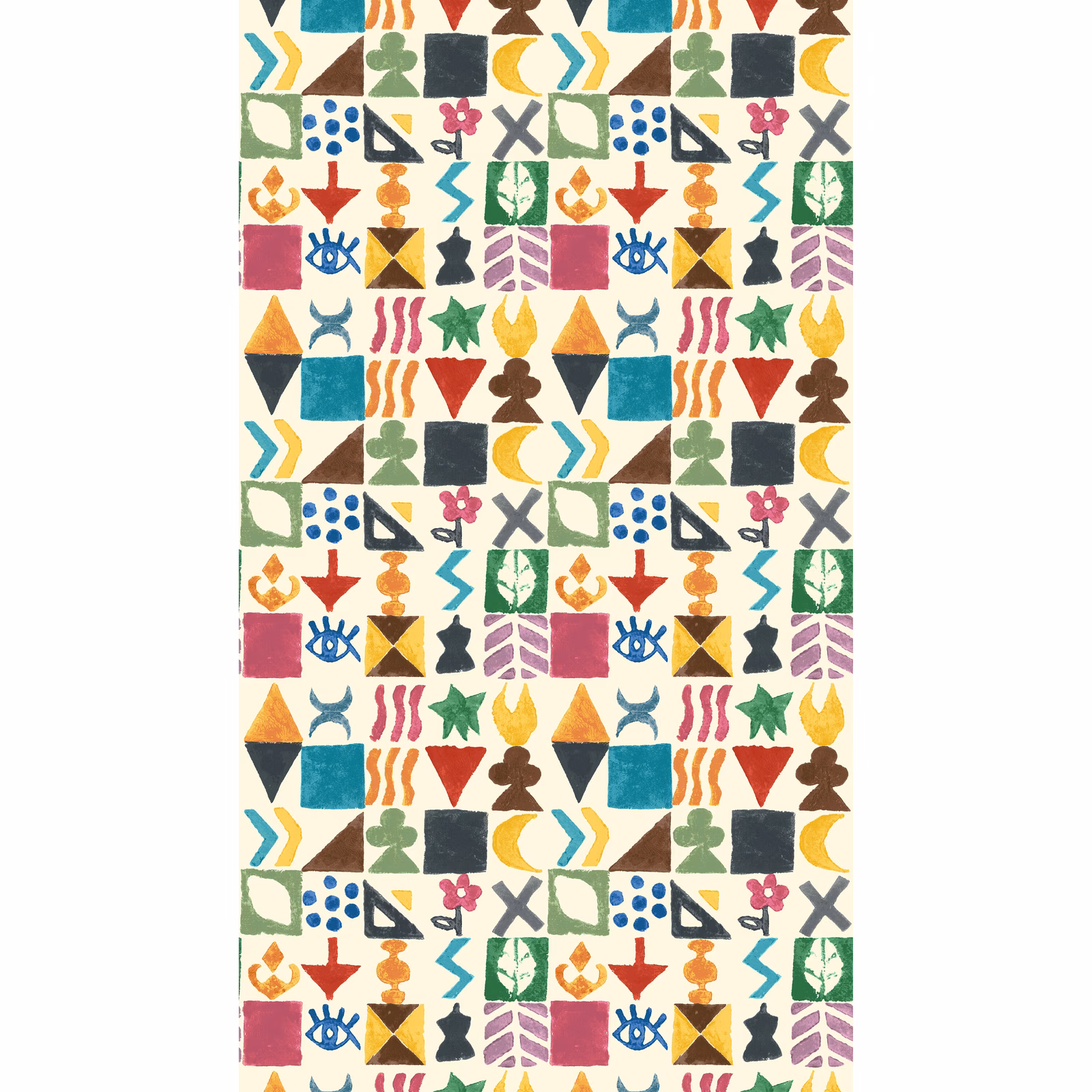 Cream wallpaper with jewel-toned geometric symbols, arrows, flowers and diamonds