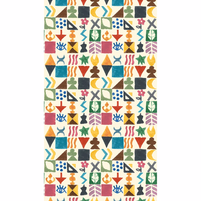 Cream wallpaper with jewel-toned geometric symbols, arrows, flowers and diamonds