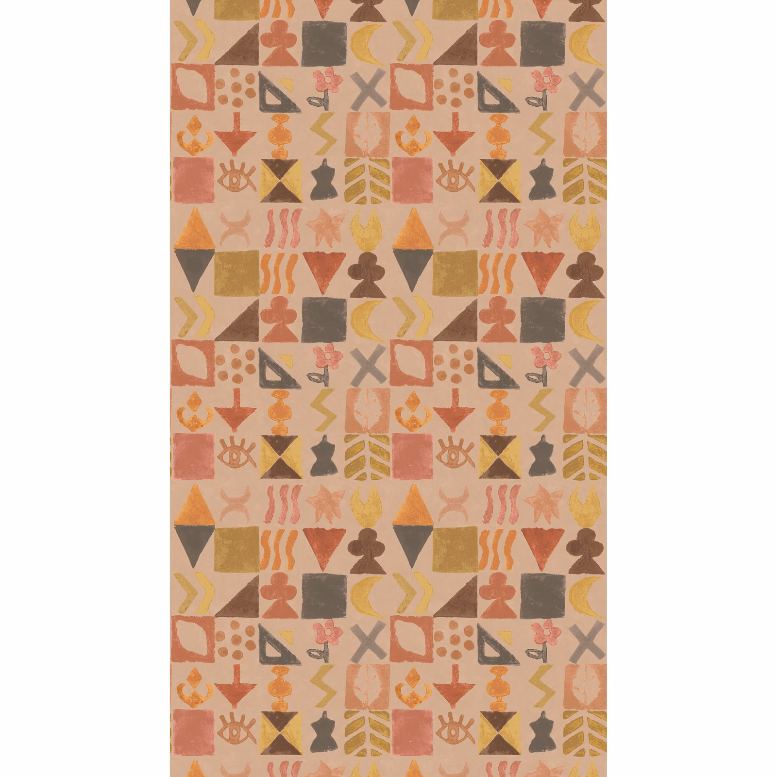 Plaster beige wallpaper with terracotta, ochre and charcoal geometric folk symbols