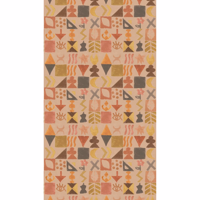 Plaster beige wallpaper with terracotta, ochre and charcoal geometric folk symbols