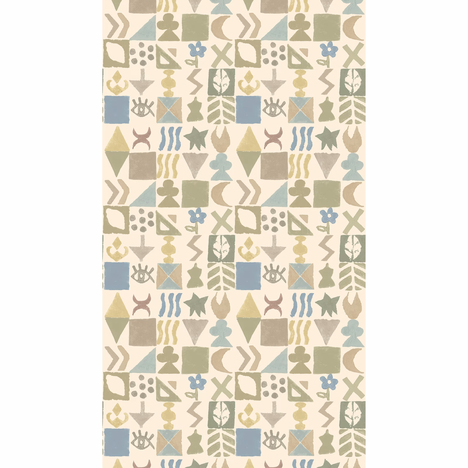 Muted sage wallpaper with cream ground, blue squares and geometric botanical motifs