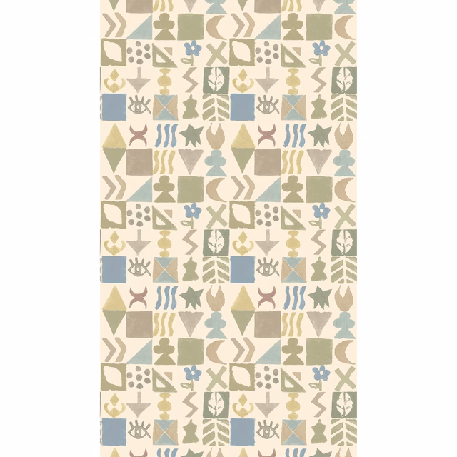 Muted sage wallpaper with cream ground, blue squares and geometric botanical motifs