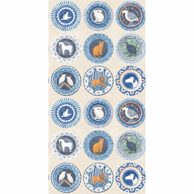 Blue and cream wallpaper with illustrated animal medallions and rust-orange accents