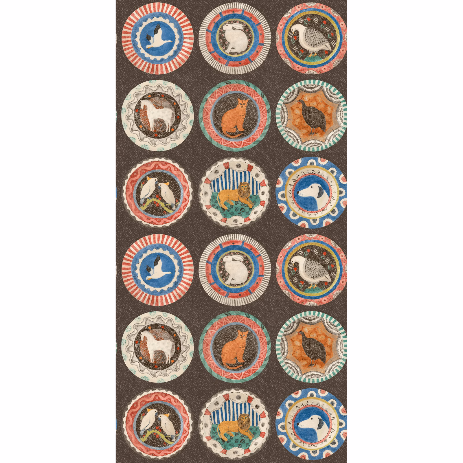 Deep cocoa wallpaper with colourful animal medallions, scalloped rings and striped circular borders