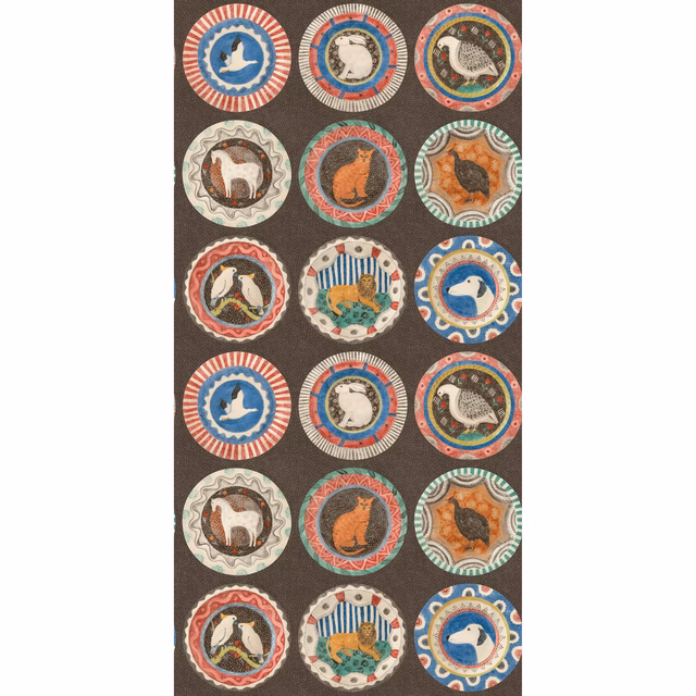 Deep cocoa wallpaper with colourful animal medallions, scalloped rings and striped circular borders