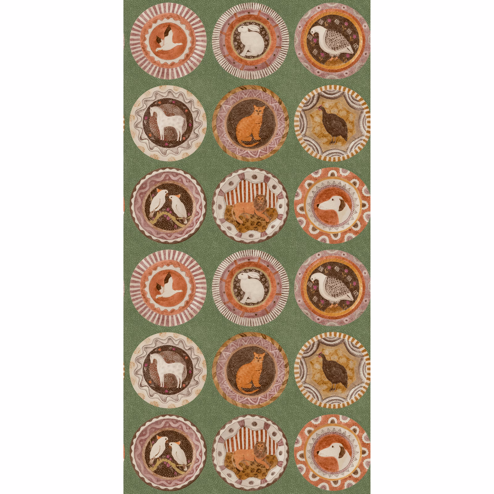 Muted sage-green wallpaper with rows of animal medallions in rust and cream rings