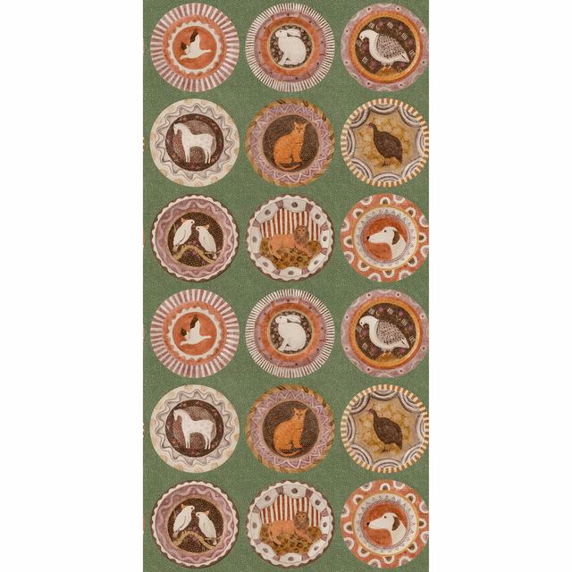 Muted sage-green wallpaper with rows of animal medallions in rust and cream rings