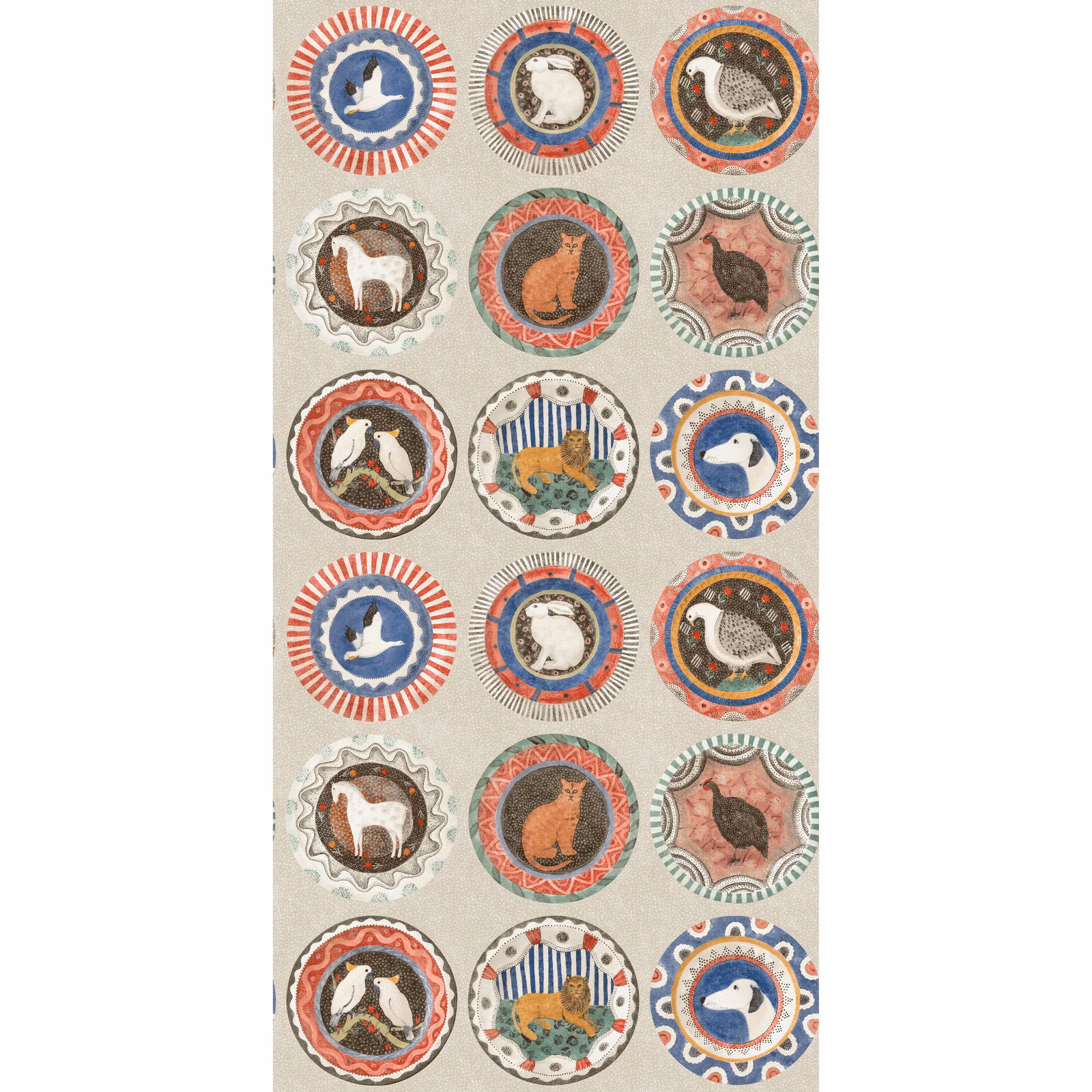 Jewel-toned animal medallions in coral, blue and teal on an ivory wallpaper ground