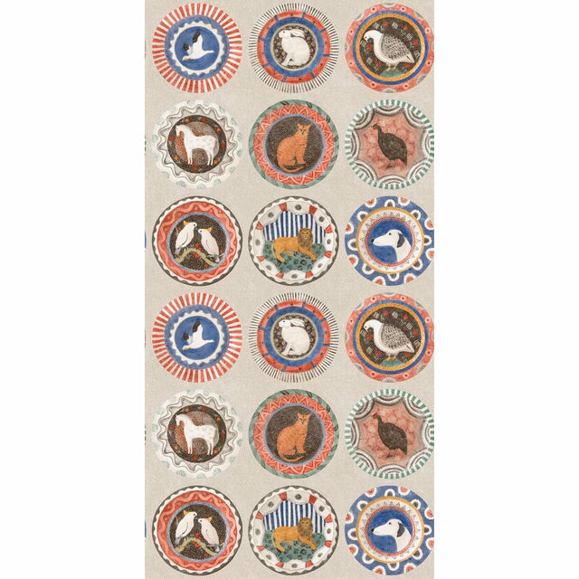 Jewel-toned animal medallions in coral, blue and teal on an ivory wallpaper ground