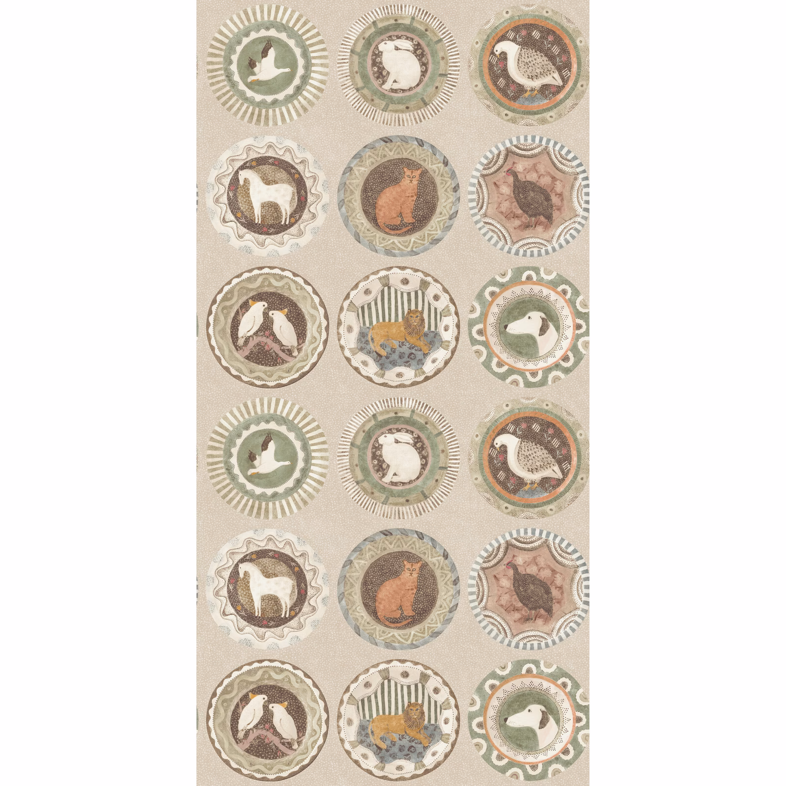 Muted sage wallpaper with animal medallions, cream ground, olive and terracotta accents