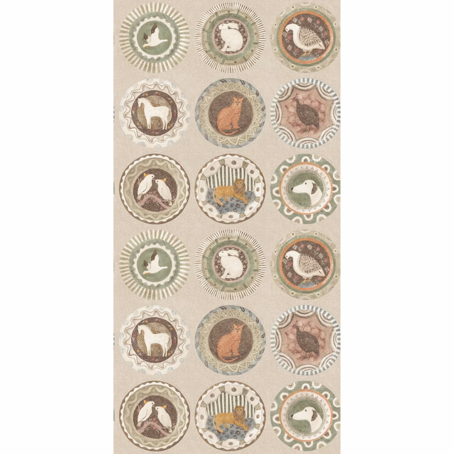 Muted sage wallpaper with animal medallions, cream ground, olive and terracotta accents