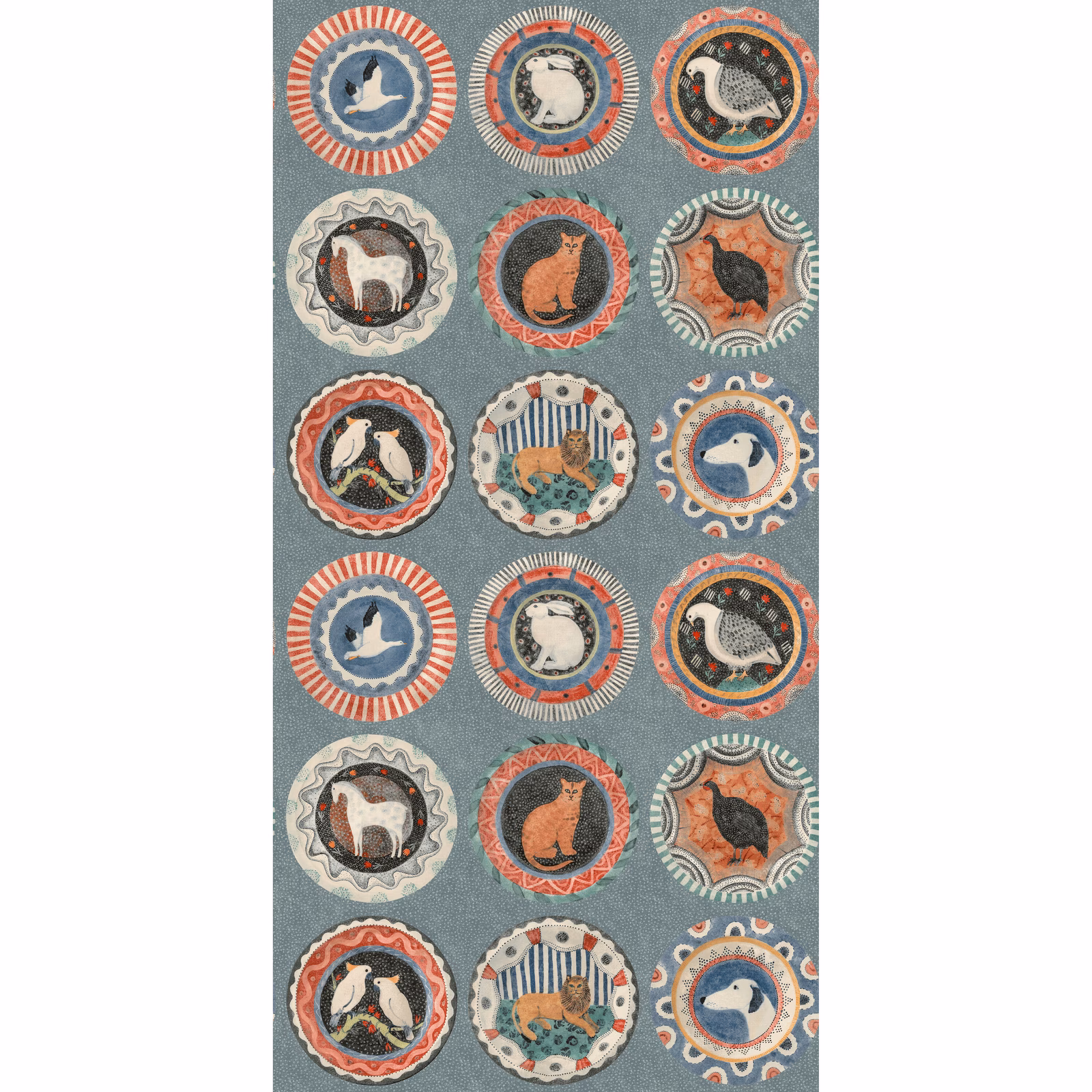 Muted teal wallpaper with repeated animal medallions in coral, cream and navy