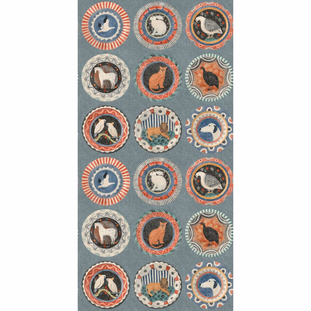 Muted teal wallpaper with repeated animal medallions in coral, cream and navy