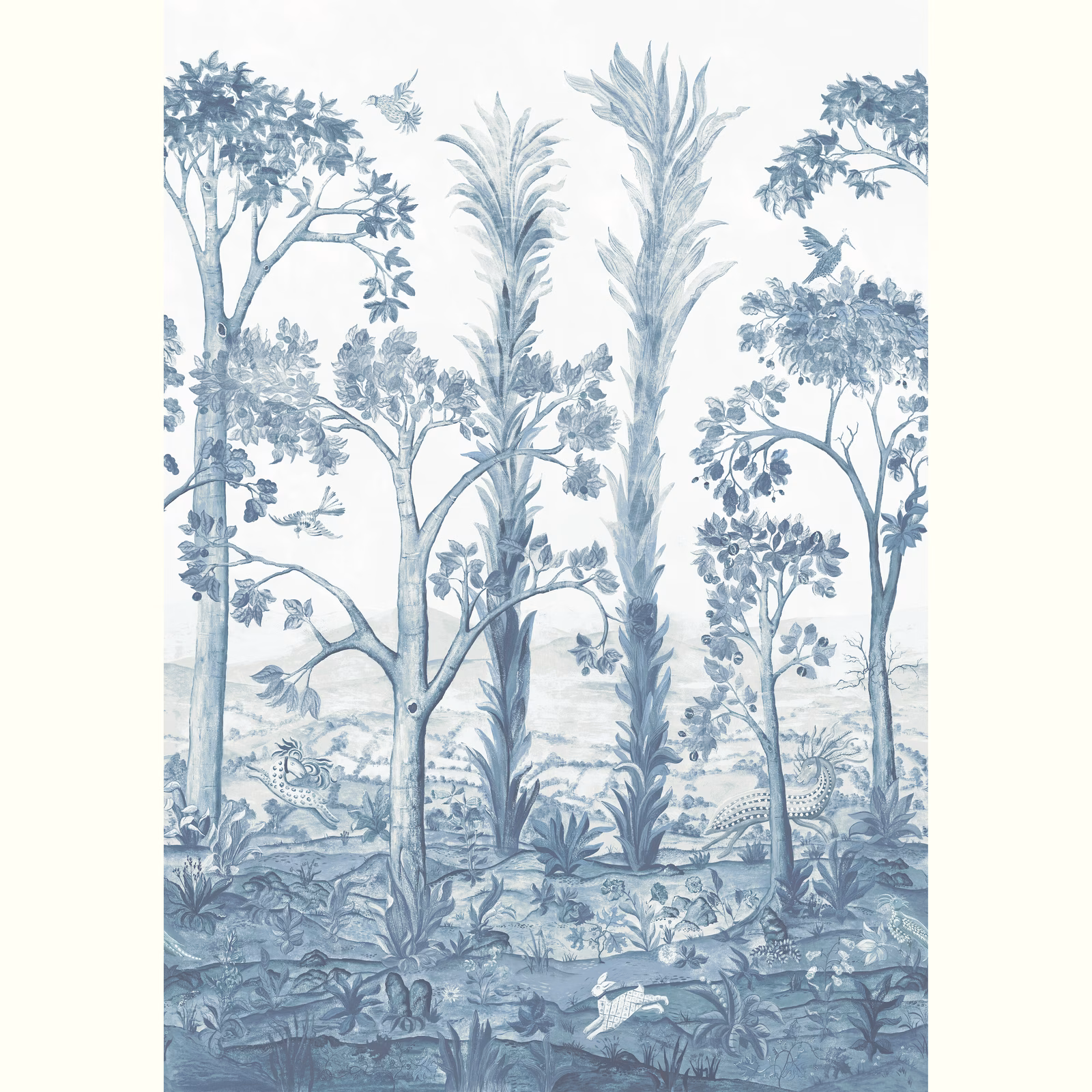 Cool Delft blue woodland wallpaper with tall trees, foliage, and spotted animals