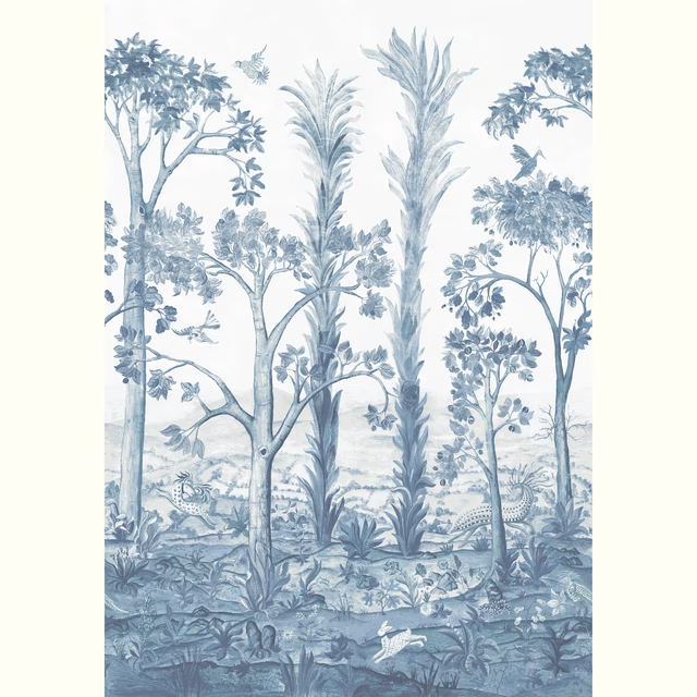 Cool Delft blue woodland wallpaper with tall trees, foliage, and spotted animals