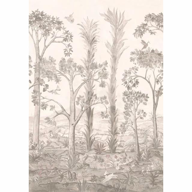Warm sepia-taupe forest scene with tall grasses, trees and small animals on ivory