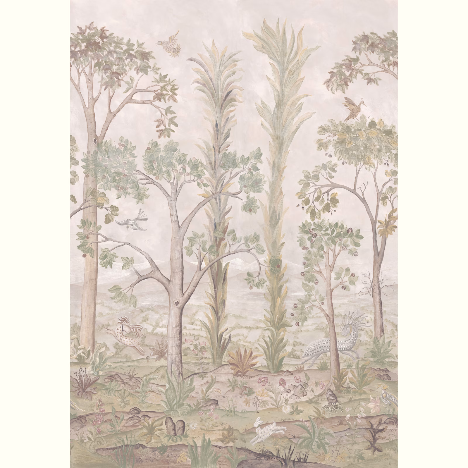 Muted sage-green woodland wallpaper with tall trees, layered foliage, birds and pale ground
