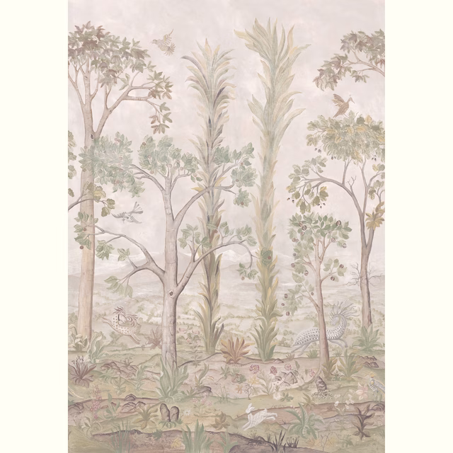 Muted sage-green woodland wallpaper with tall trees, layered foliage, birds and pale ground