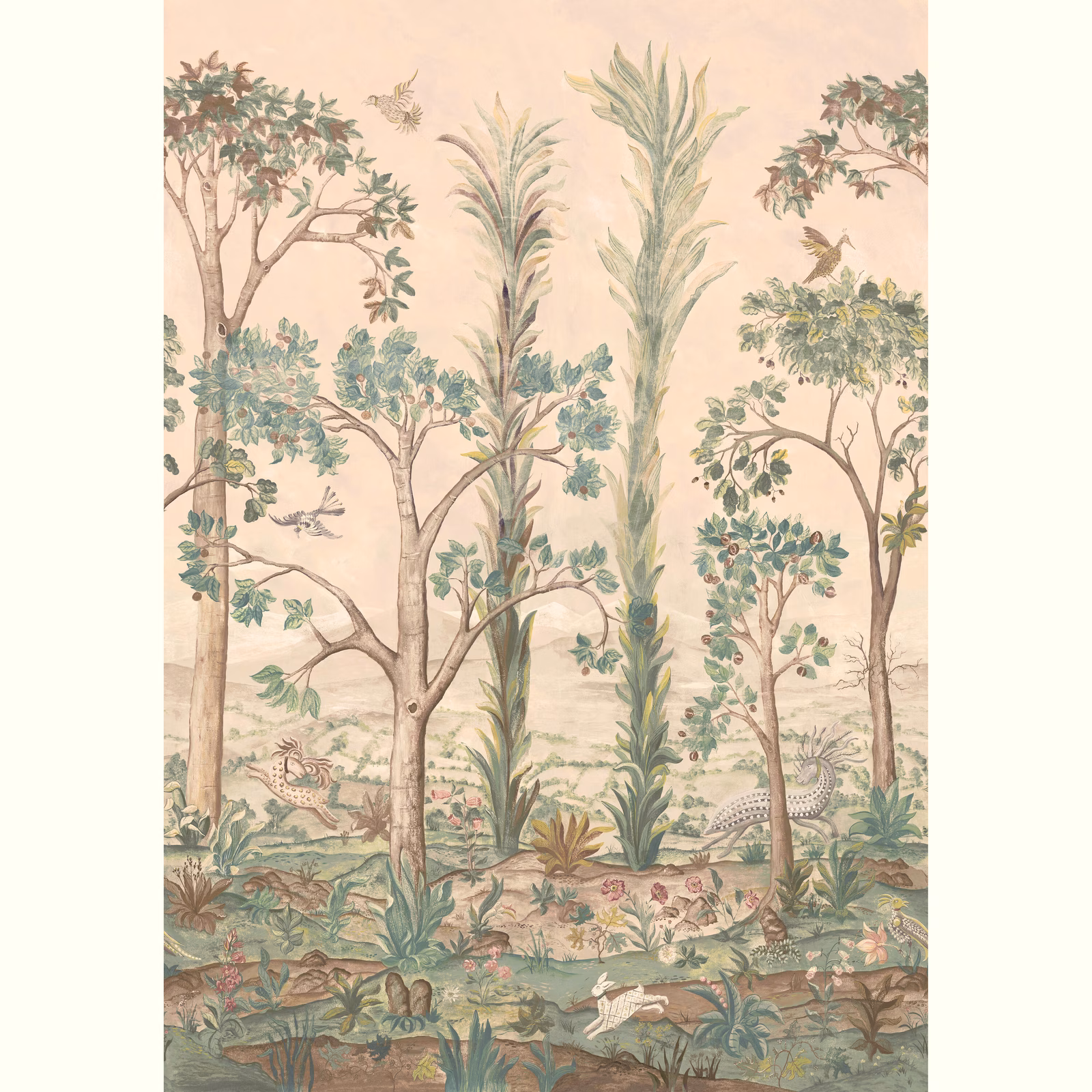 Blush peach woodland wallpaper with tall sage plants, trees, birds and waterside foliage