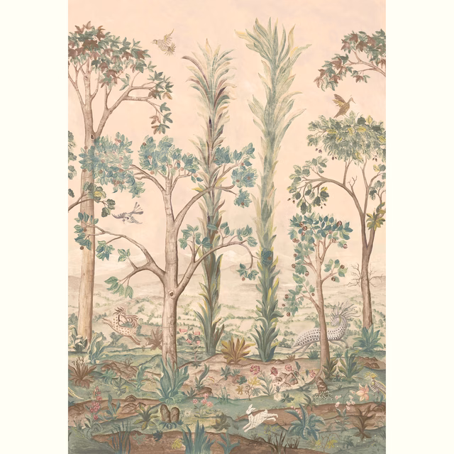 Blush peach woodland wallpaper with tall sage plants, trees, birds and waterside foliage