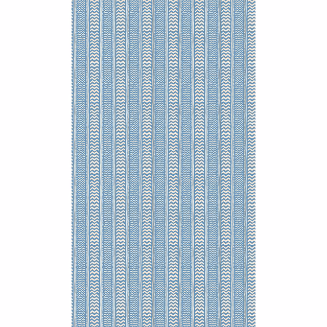 Cool dusty blue wallpaper with white chevron stripes and fine vertical bands