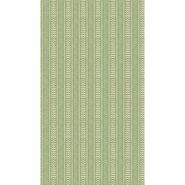 Muted sage-green wallpaper with narrow cream chevron stripes and fine vertical lines