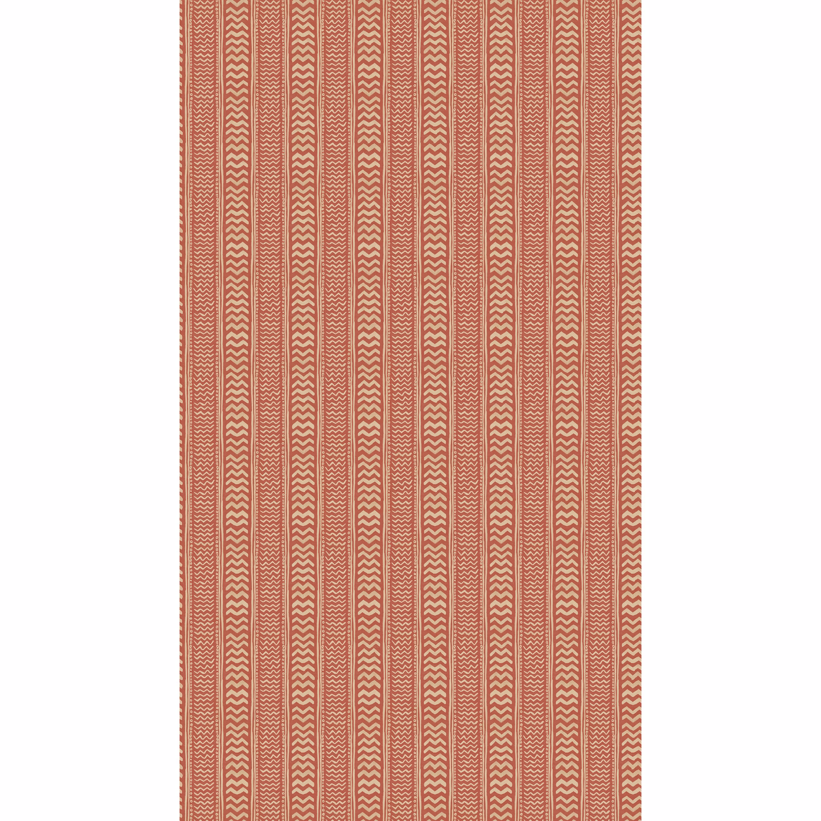 Warm brick-red wallpaper with cream zigzag stripes in narrow vertical bands