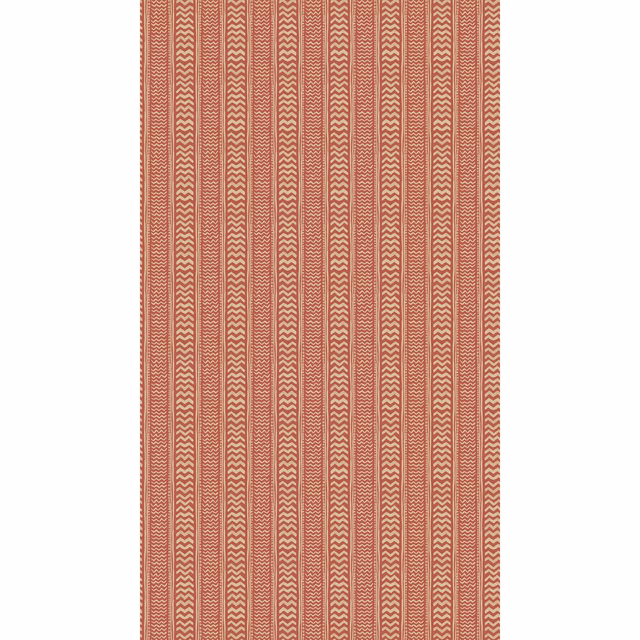 Warm brick-red wallpaper with cream zigzag stripes in narrow vertical bands