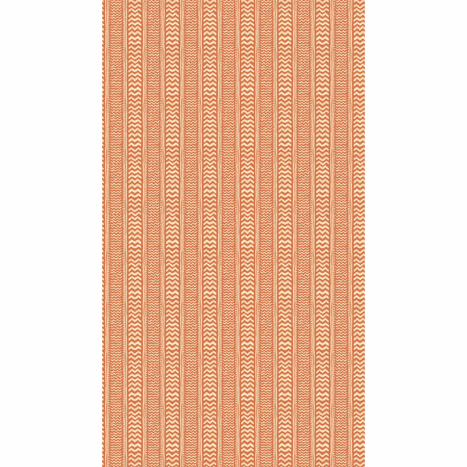 Warm terracotta wallpaper with cream chevron stripes and fine vertical lines