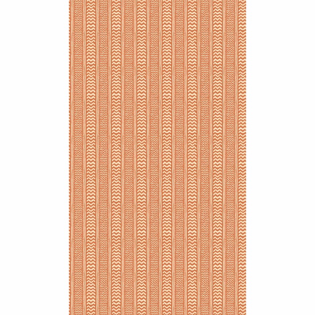 Warm terracotta wallpaper with cream chevron stripes and fine vertical lines