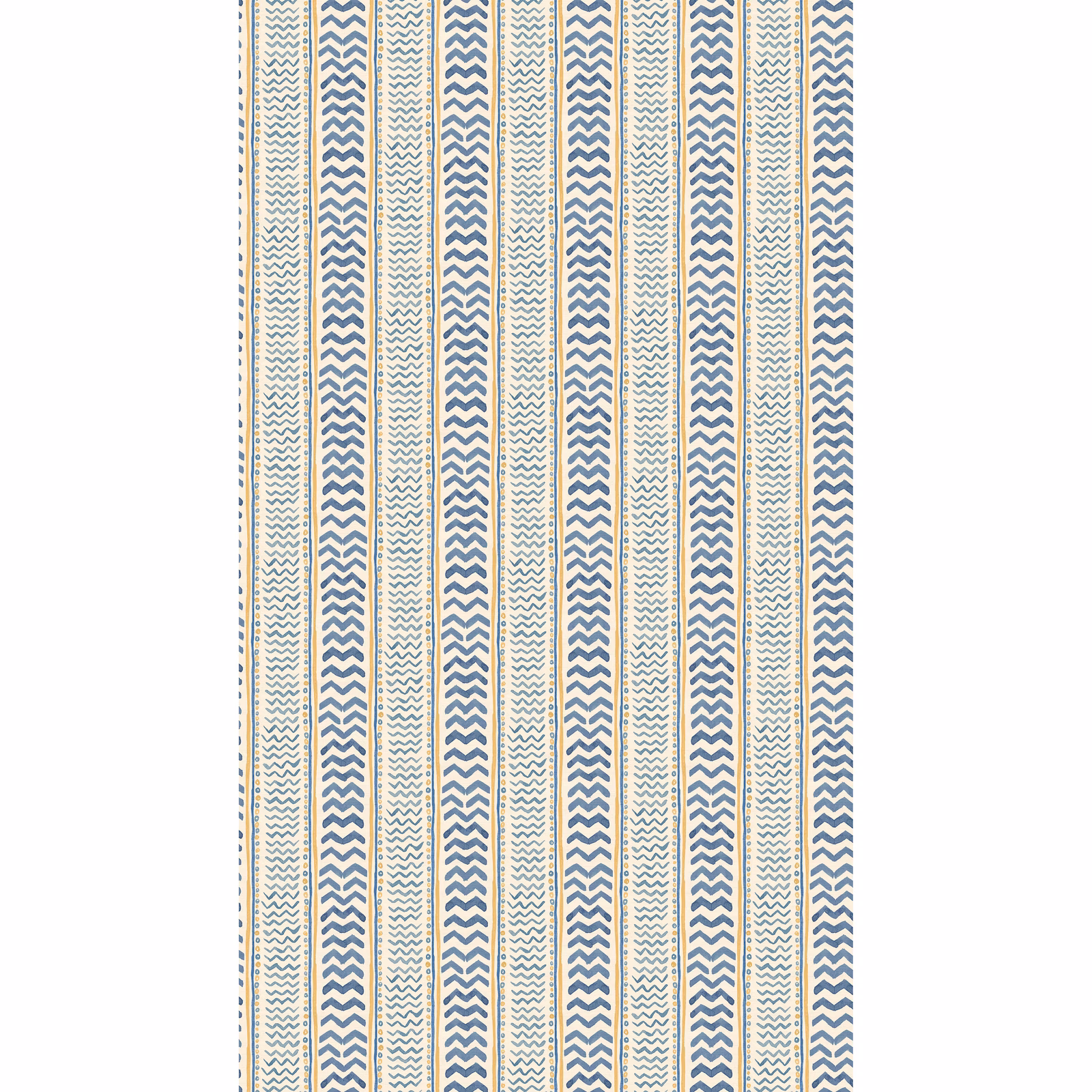 Pale wallpaper with repeating blue chevrons and fine yellow vertical stripes