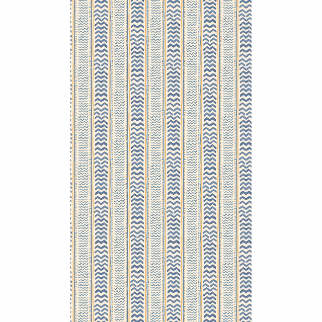 Pale wallpaper with repeating blue chevrons and fine yellow vertical stripes