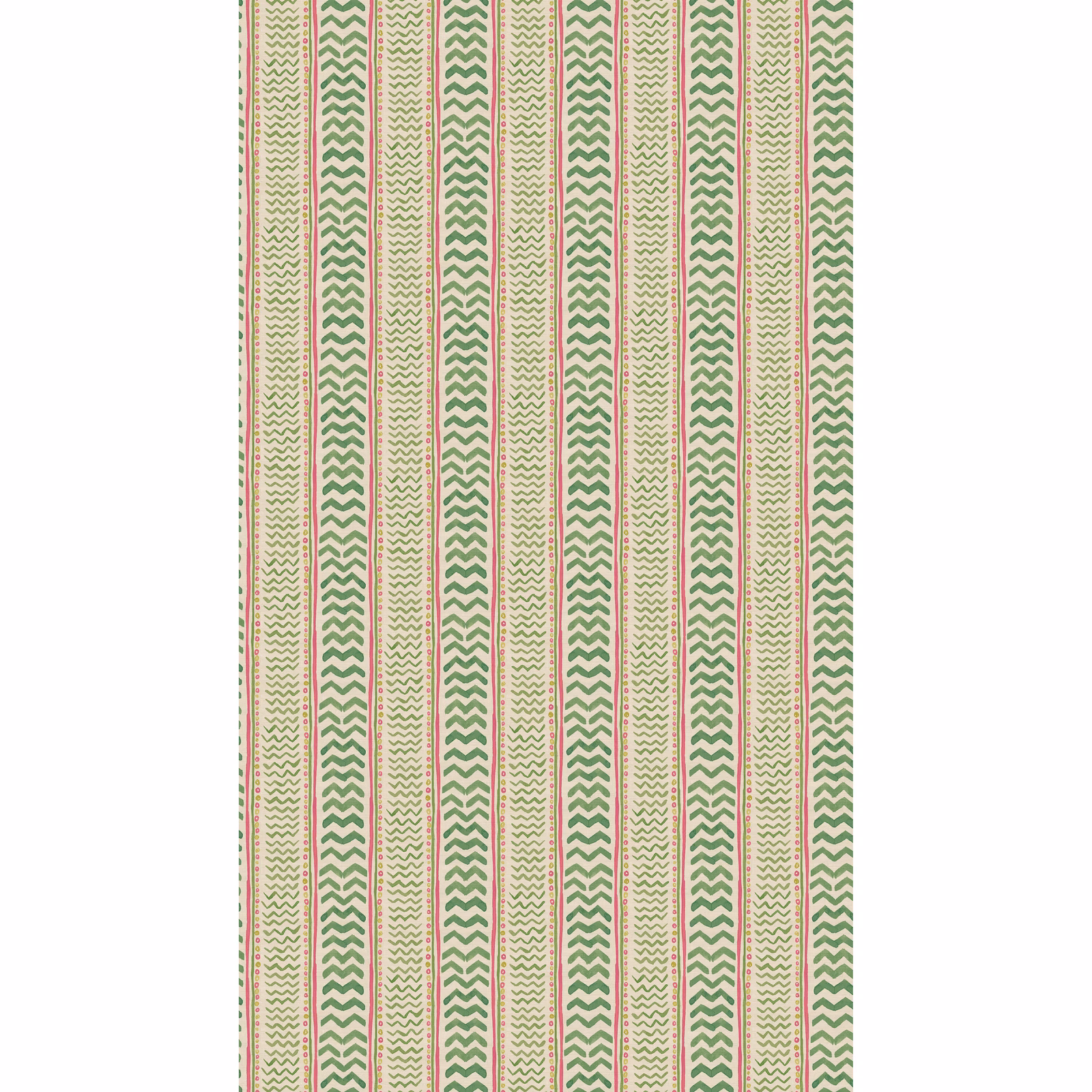 Sage green chevron stripes with pink lines on a cream wallpaper ground