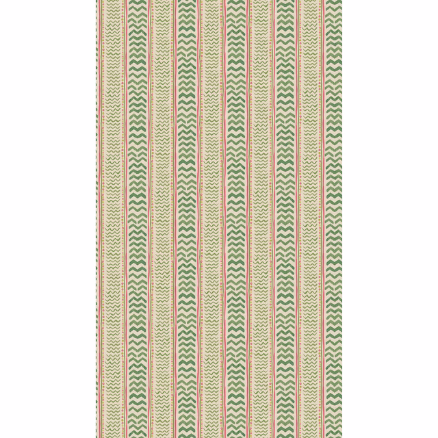 Sage green chevron stripes with pink lines on a cream wallpaper ground
