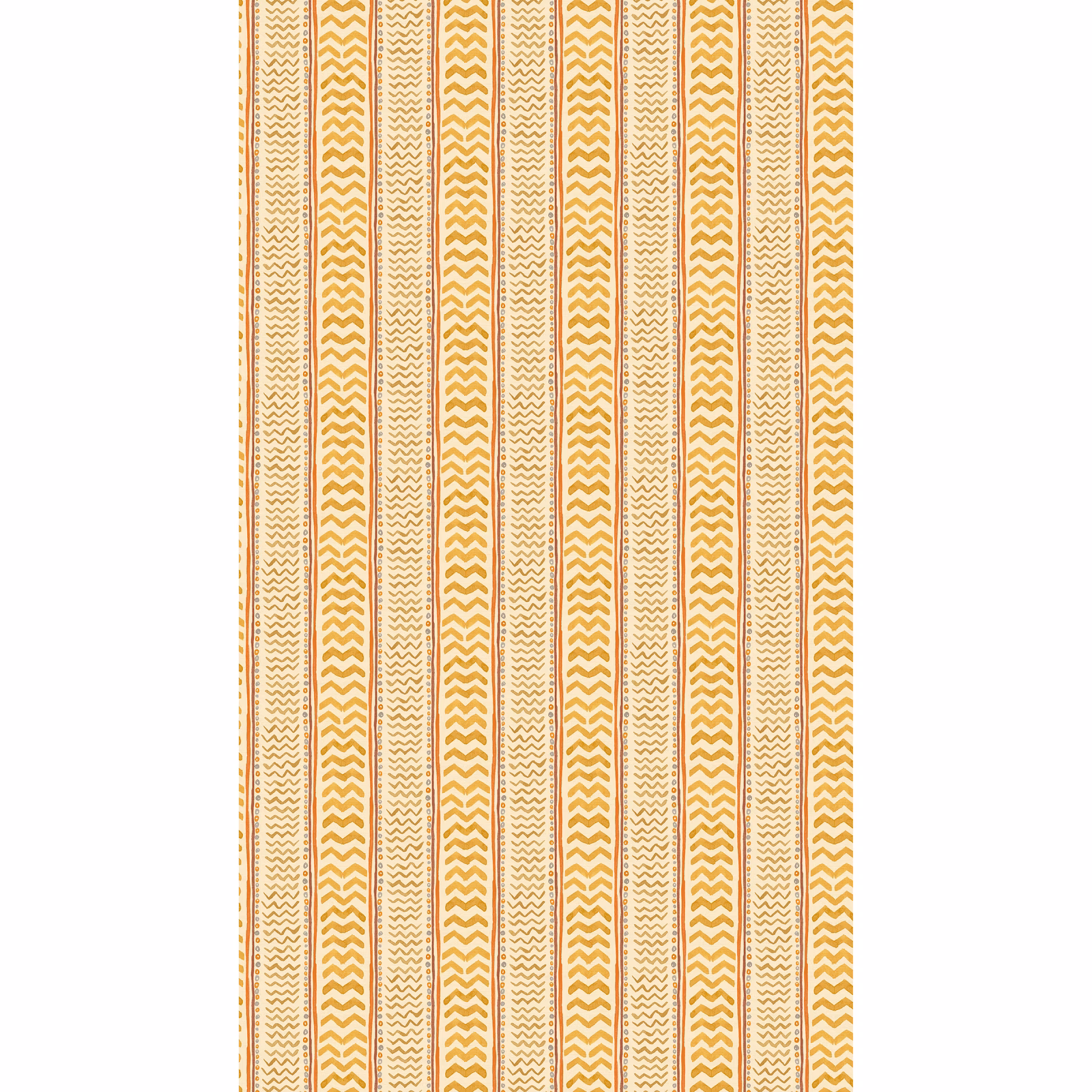 Warm ochre and cream wallpaper with alternating vertical zigzag and fine-line stripes