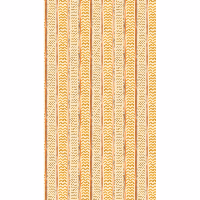 Warm ochre and cream wallpaper with alternating vertical zigzag and fine-line stripes