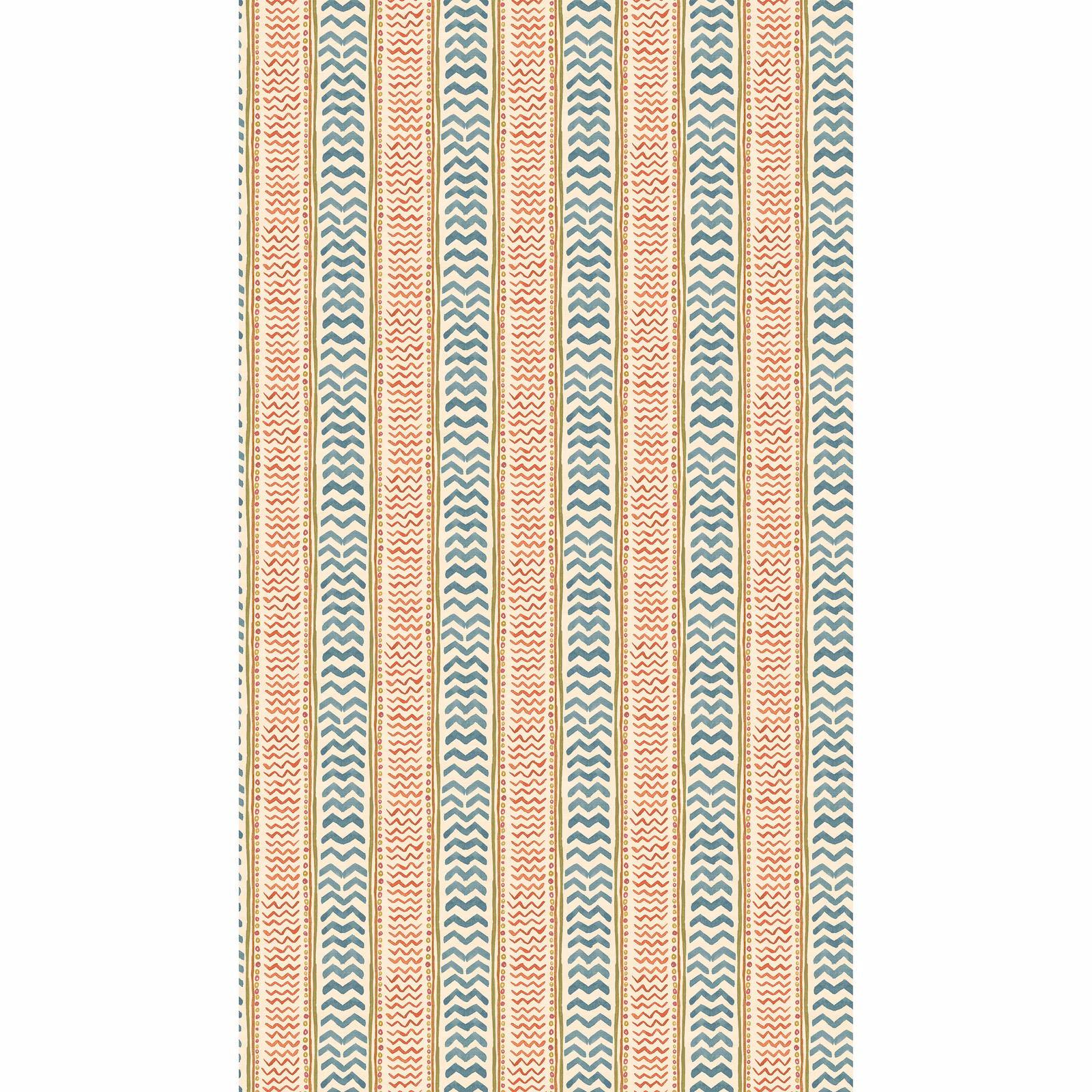 Teal and spice zigzag stripes in narrow vertical bands on a warm white ground