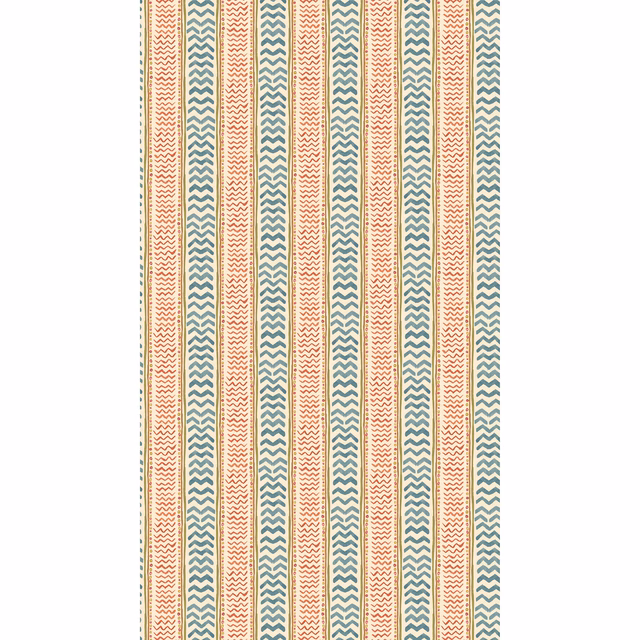 Teal and spice zigzag stripes in narrow vertical bands on a warm white ground