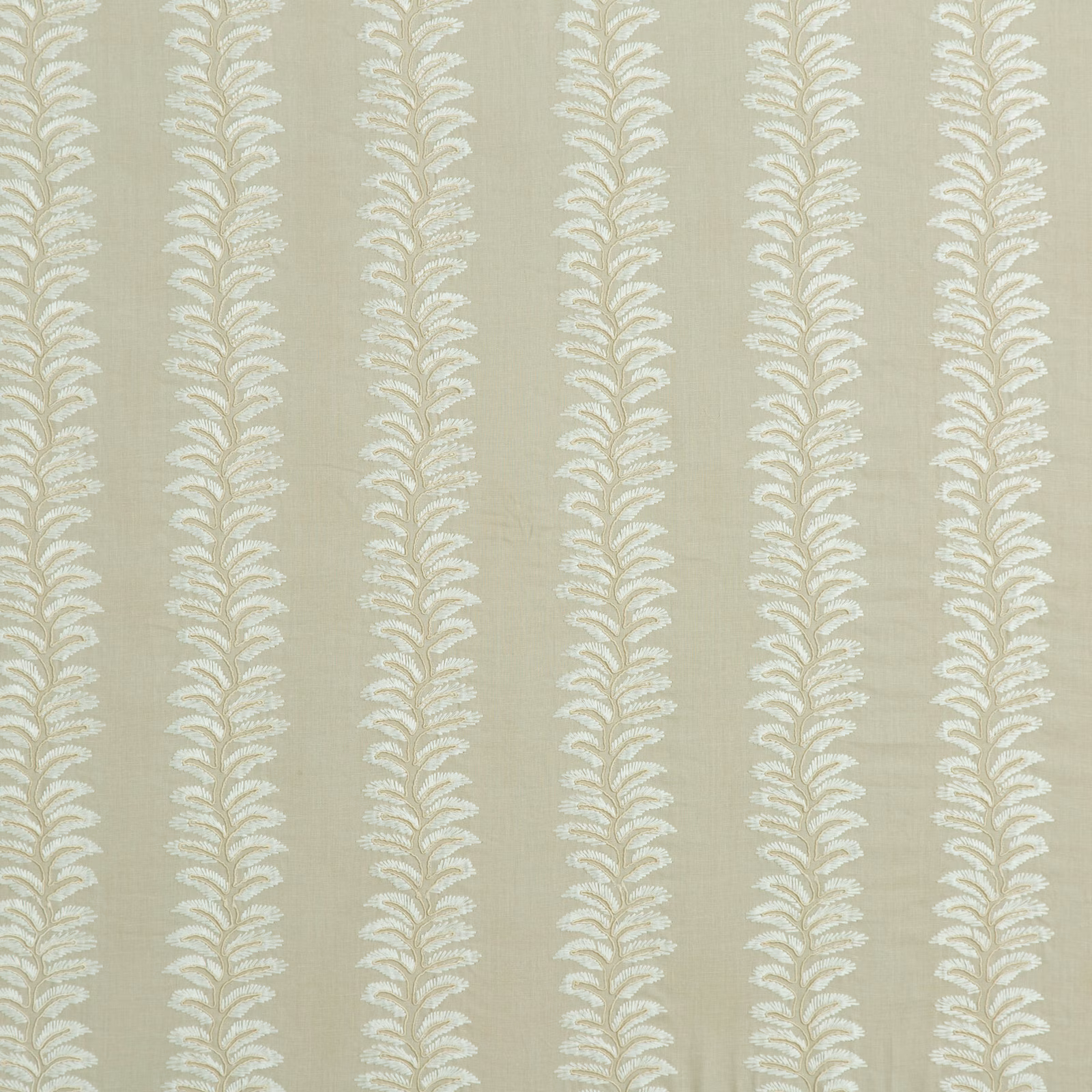 Pale sage-stone linen blend with repeating ivory leafy vine stripes