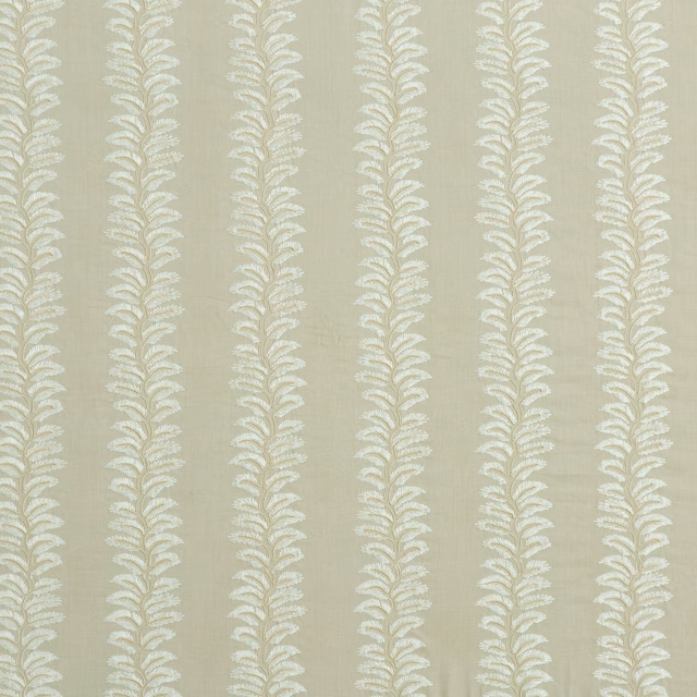 Pale sage-stone linen blend with repeating ivory leafy vine stripes