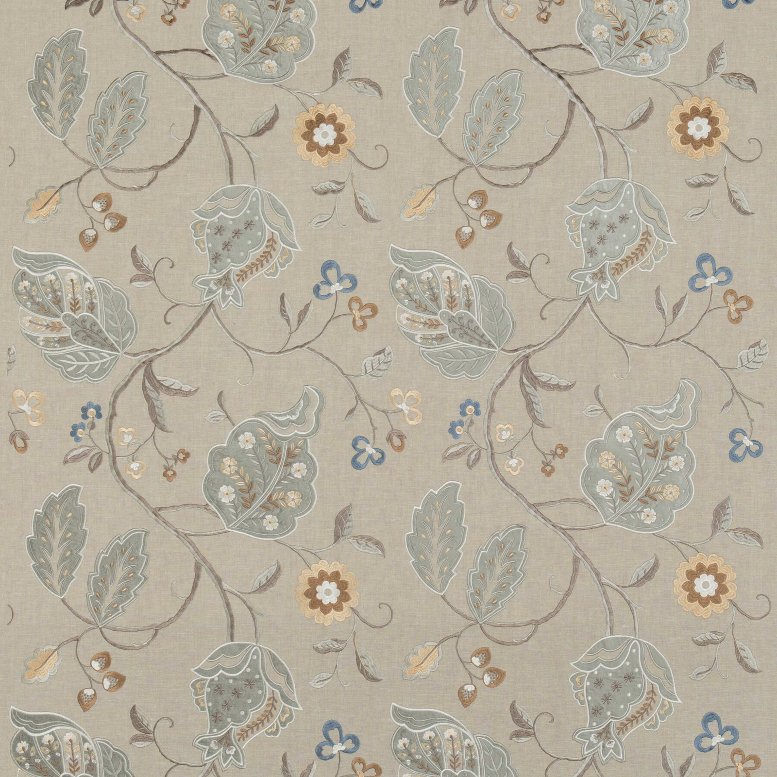 Muted aqua, sage and ochre floral trails on a taupe linen weave