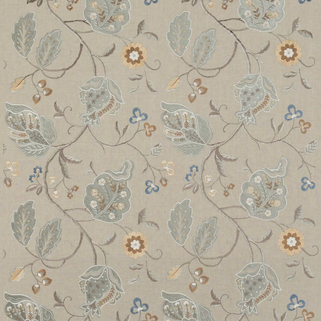 Muted aqua, sage and ochre floral trails on a taupe linen weave