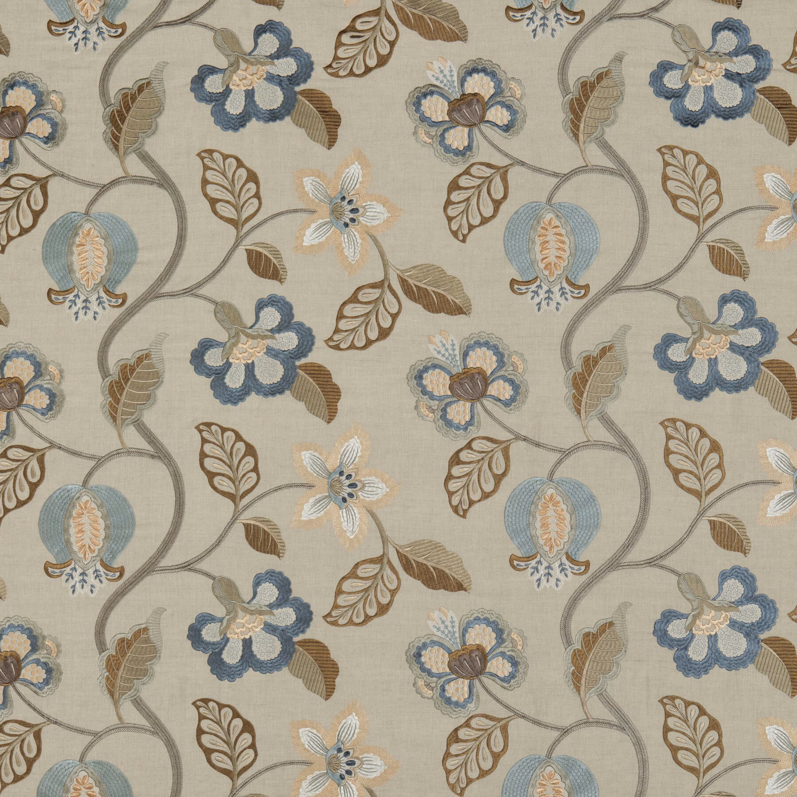 Oatmeal woven ground with indigo, blue and taupe scrolling floral stems