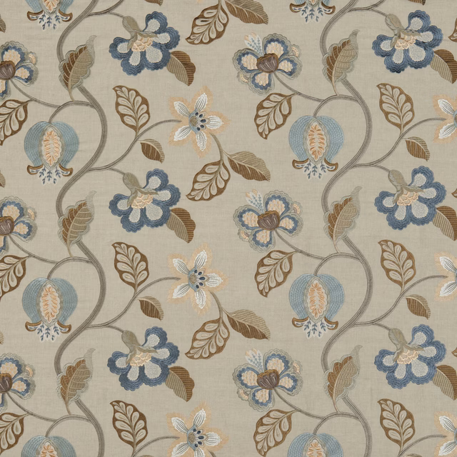 Oatmeal woven ground with indigo, blue and taupe scrolling floral stems
